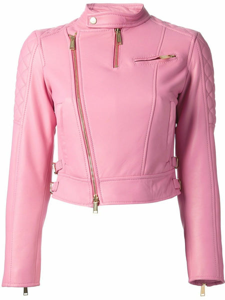 Noora Womens Real Lambskin Baby Pink Cropped Leather Jacket, Modern Biker Quilted Leather Jacket, Gift for Her - Noora International