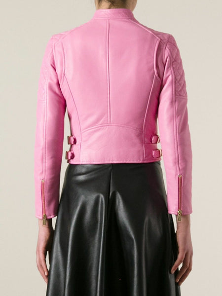 Noora Womens Real Lambskin Baby Pink Cropped Leather Jacket, Modern Biker Quilted Leather Jacket, Gift for Her - Noora International