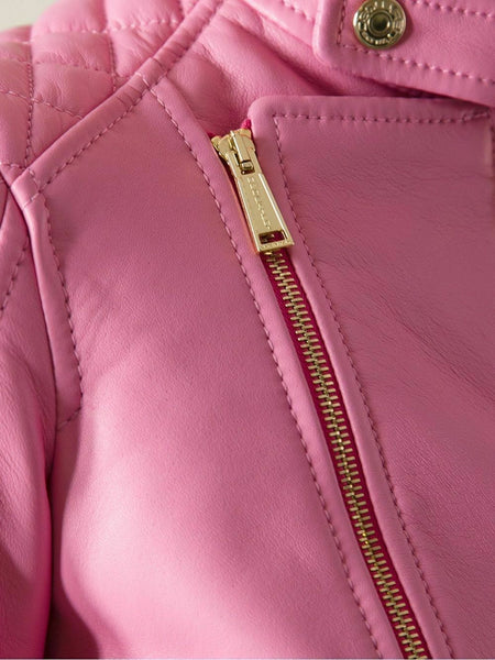 Noora Womens Real Lambskin Baby Pink Cropped Leather Jacket, Modern Biker Quilted Leather Jacket, Gift for Her - Noora International