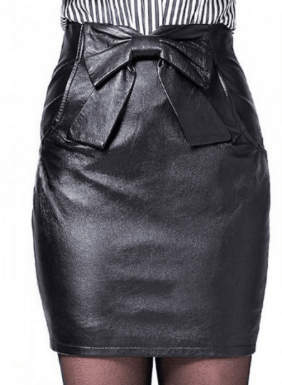 NOORA Womens Real Lambskin Black Leather Bow Skirt , Customize Leather skirt for Halloween Party | Club | Casual Wear | ST0118 - Noora International