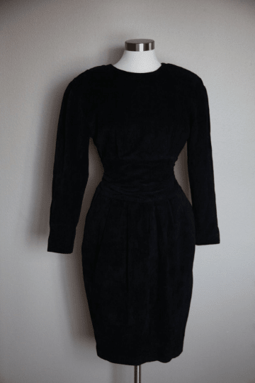 NOORA Womens Real Lambskin Black Suede Long Dress With Back Side Zipper & Pocket | Vintage Dress | Slim Fit | ST088 - Noora International
