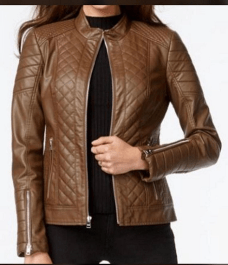 NOORA Womens Real Lambskin Brown Leather Biker Quilted Jacket With Zipper & Pocket | Zip On Sleeves | ST070 - Noora International