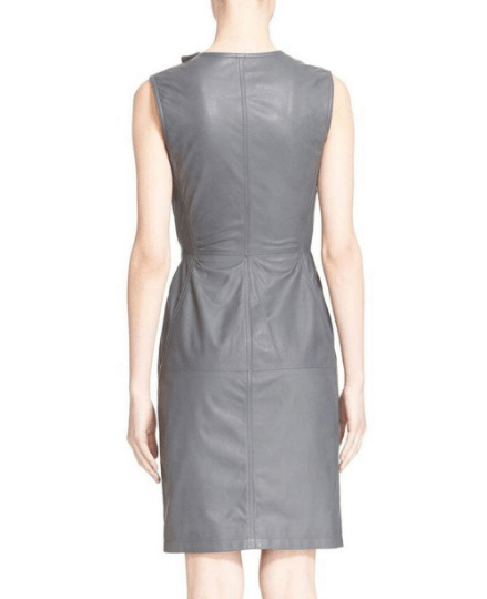 NOORA Womens Real Lambskin Grey Leather Dress With Long Zipper & Belt | Front Slit | Party-wear dress | ST075 - Noora International
