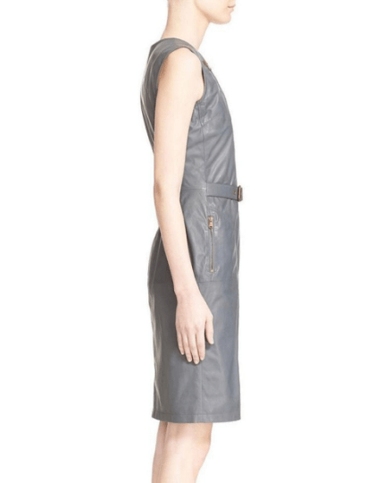 NOORA Womens Real Lambskin Grey Leather Dress With Long Zipper & Belt | Front Slit | Party-wear dress | ST075 - Noora International