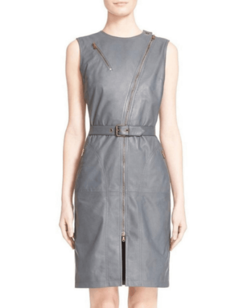 NOORA Womens Real Lambskin Grey Leather Dress With Long Zipper & Belt | Front Slit | Party-wear dress | ST075 - Noora International