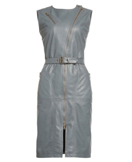 NOORA Womens Real Lambskin Grey Leather Dress With Long Zipper & Belt | Front Slit | Party-wear dress | ST075 - Noora International