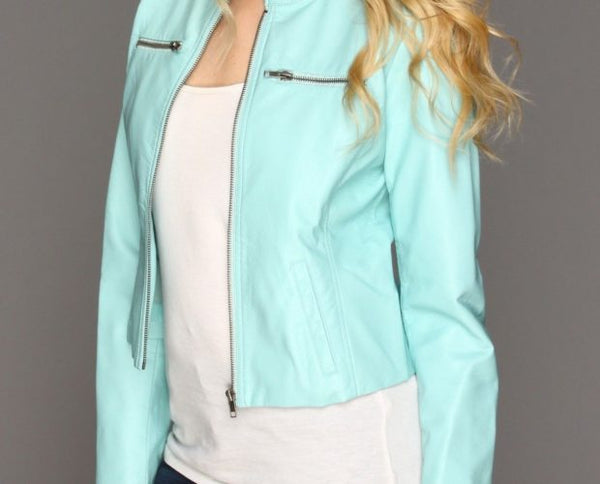 Noora Women's Real Lambskin Turquoise Blue leather jacket Cropped style Biker Leather Jacket Designer Jacket With Zipper YK12 - Noora International