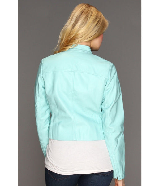 Noora Women's Real Lambskin Turquoise Blue leather jacket Cropped style Biker Leather Jacket Designer Jacket With Zipper YK12 - Noora International