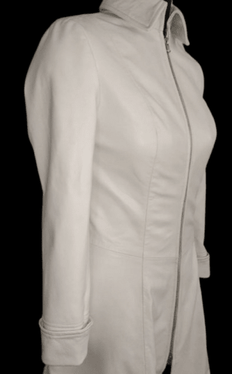 NOORA Womens Real Lambskin White Leather Long Trench Coat With Zipper | Trench Coat With Back Side Drawstring | RT963 - Noora International