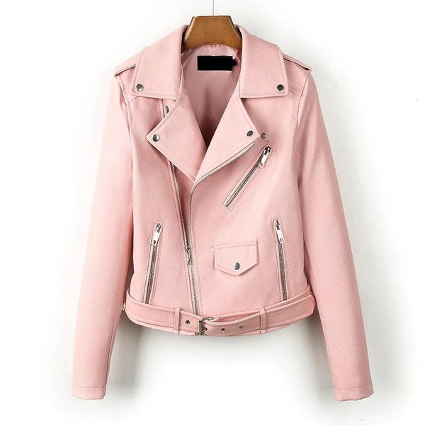 Noora Women's Real Pink Leather Biker Jacket With Zipper & Pocket, Belted Jacket, Zip On Sleeves, Gift for Winter - Noora International