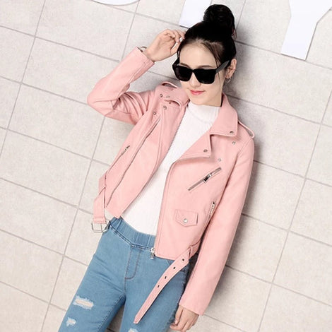 Women's Real Pink Leather Biker Jacket With Zipper & Pocket, Belted Jacket, Zip On Sleeves