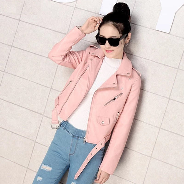 Noora Women's Real Pink Leather Biker Jacket With Zipper & Pocket, Belted Jacket, Zip On Sleeves, Gift for Winter - Noora International