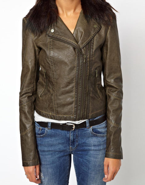 Noora women's rustic brown leather Biker jacket with fur collar ST0271 - Noora International
