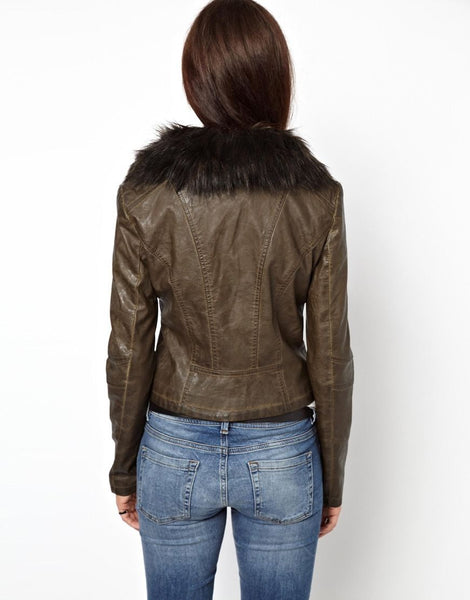 Noora women's rustic brown leather Biker jacket with fur collar ST0271 - Noora International