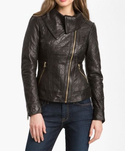 Noora women's rustic brown roll collar Biker leather jacket ST0266 - Noora International