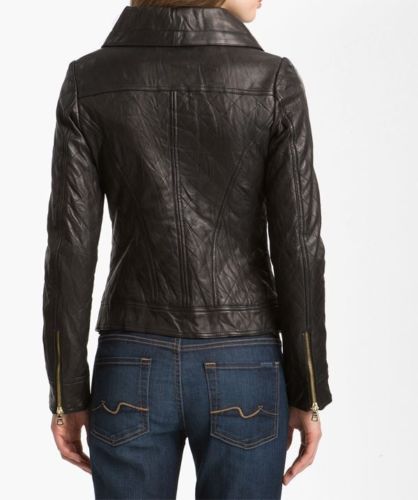Noora women's rustic brown roll collar Biker leather jacket ST0266 - Noora International