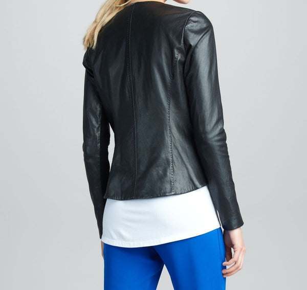 Noora women's simple black Biker leather jacket ST0314 - Noora International