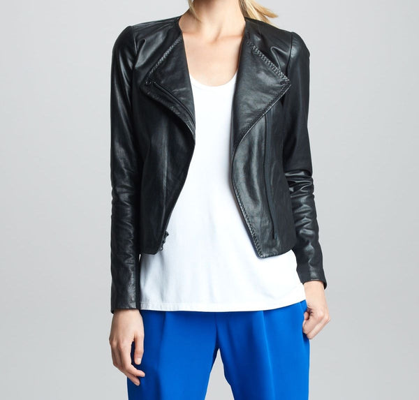Noora women's simple black Biker leather jacket ST0314 - Noora International