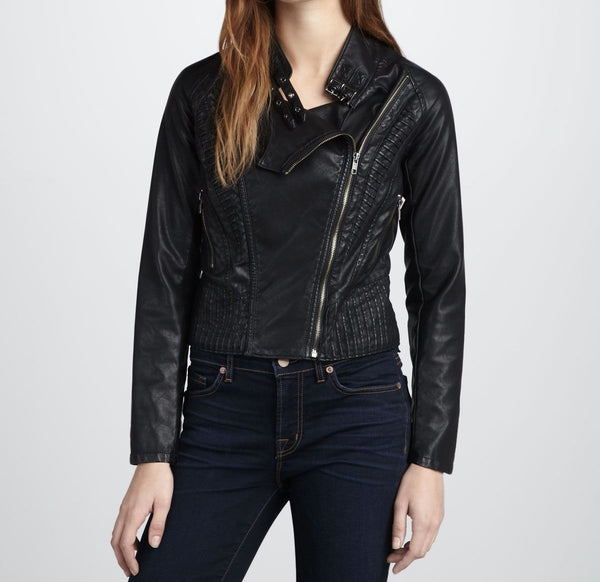 Noora Women's simple black Biker motorcycle Leather jacket ST0249 - Noora International