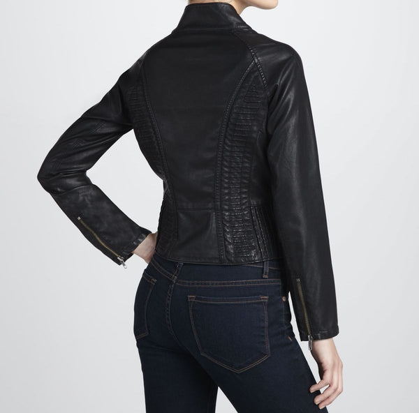 Noora Women's simple black Biker motorcycle Leather jacket ST0249 - Noora International