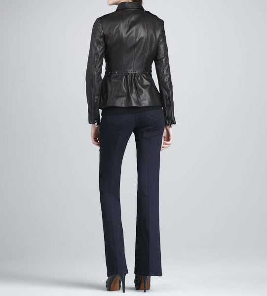 Noora women's simple black peplum leather jacket ST0272 - Noora International
