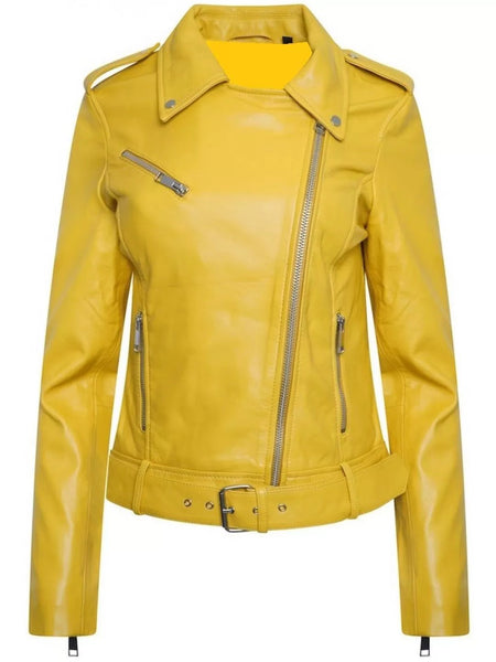 Noora Women's Soft Lambskin Yellow Leather Motorcycle Biker Belted Jacket Gift for Her SN010 - Noora International