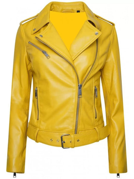 Noora Women's Soft Lambskin Yellow Leather Motorcycle Biker Belted Jacket Gift for Her SN010 - Noora International