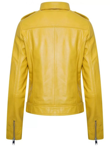 Noora Women's Soft Lambskin Yellow Leather Motorcycle Biker Belted Jacket Gift for Her SN010 - Noora International