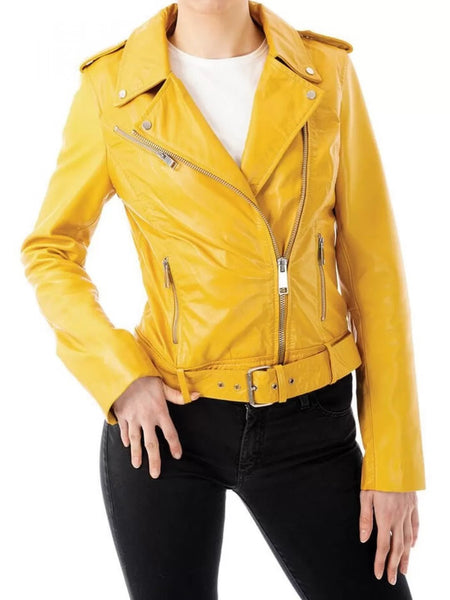 Noora Women's Soft Lambskin Yellow Leather Motorcycle Biker Belted Jacket Gift for Her SN010 - Noora International