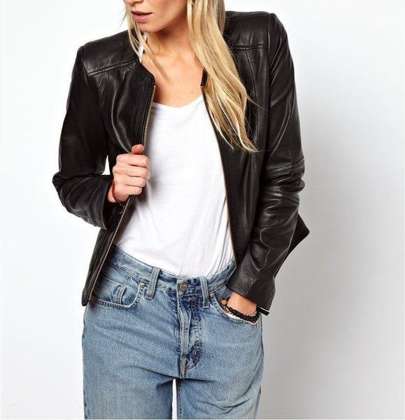 Noora Women’s solid black biker Motorcycle leather jacket ST0275 - Noora International