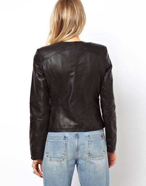 Noora Women’s solid black biker Motorcycle leather jacket ST0275 - Noora International