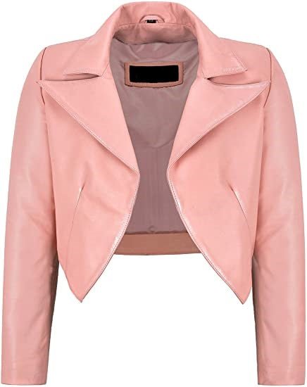 Noora Womens Stylish Baby Pink Cropped Lambskin Leather Slim-fit Jacket SN018 - Noora International