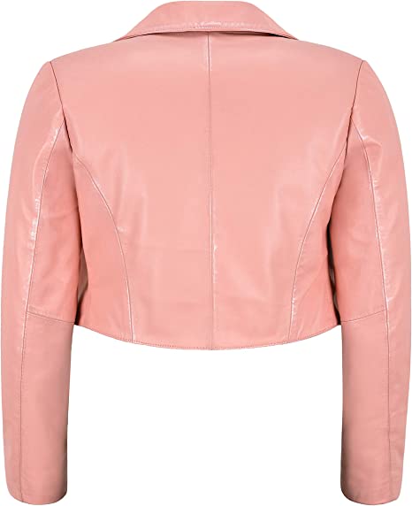 Noora Womens Stylish Baby Pink Cropped Lambskin Leather Slim-fit Jacket SN018 - Noora International