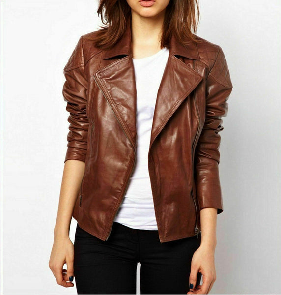 NOORA Women's Tan Superior Leather Biker Jacket Motorcycle Jacket Tan Brown SP9 - Noora International