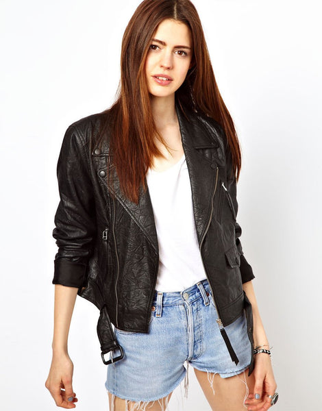Noora women's textured black motorcycle leather jacket ST0250 - Noora International
