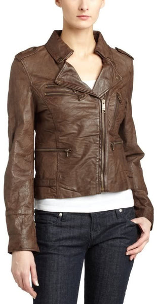 Noora Women's Textured brown Motorcycle leather jacket ST0237 - Noora International