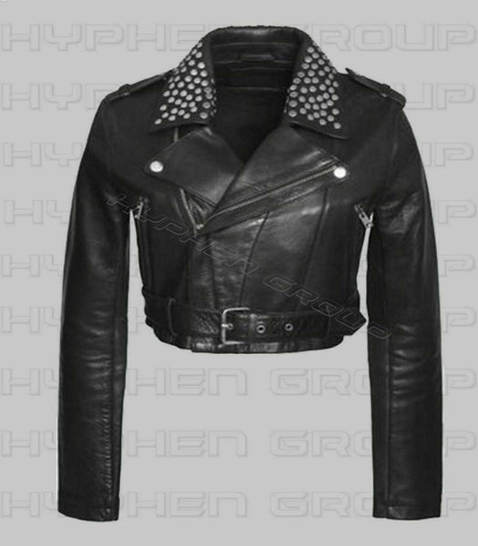 NOORA Womens Unique Punk Silver Studed Genuine Biker Short Leather jacket ST0242 - Noora International