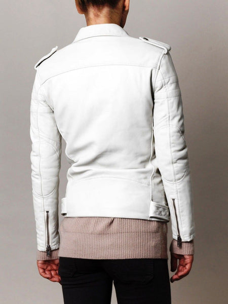 Noora Women's White Biker Motorcycle Leather jacket with Belt ST0322 - Noora International