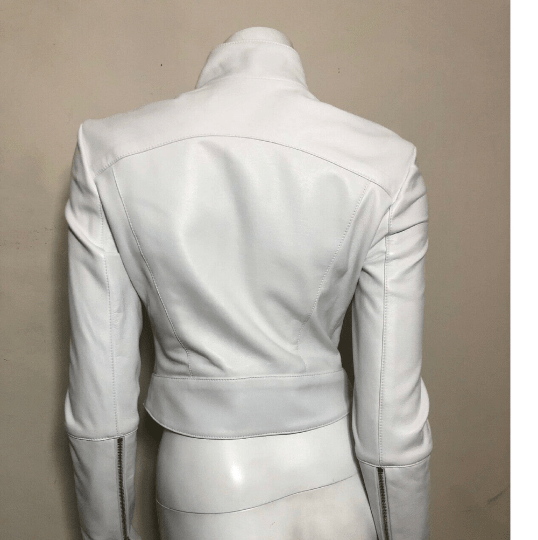 NOORA Womens White Leather Biker Crop Jacket | Slim Fit Jacket | Motorcycle Jacket With Zipper | ST024 - Noora International