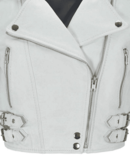 NOORA Womens White Leather Cropped Biker jacket With Zipper & Pocket | Zip On Sleeves | Belted Jacket | Snap On Collar - Noora International