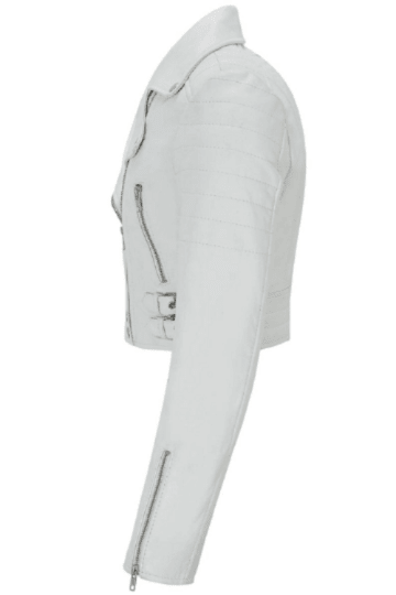 NOORA Womens White Leather Cropped Biker jacket With Zipper & Pocket | Zip On Sleeves | Belted Jacket | Snap On Collar - Noora International