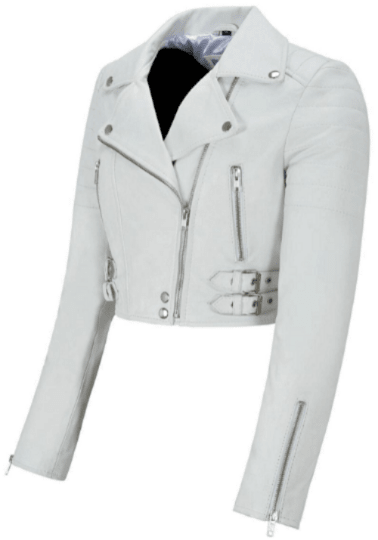 NOORA Womens White Leather Cropped Biker jacket With Zipper & Pocket | Zip On Sleeves | Belted Jacket | Snap On Collar - Noora International