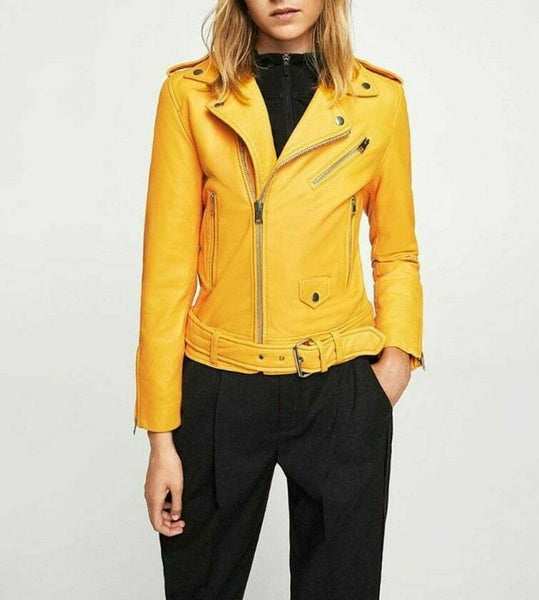 Noora Womens Yellow Leather Jacket Biker Motorcycle Genuine Racing Quality QD8 - Noora International