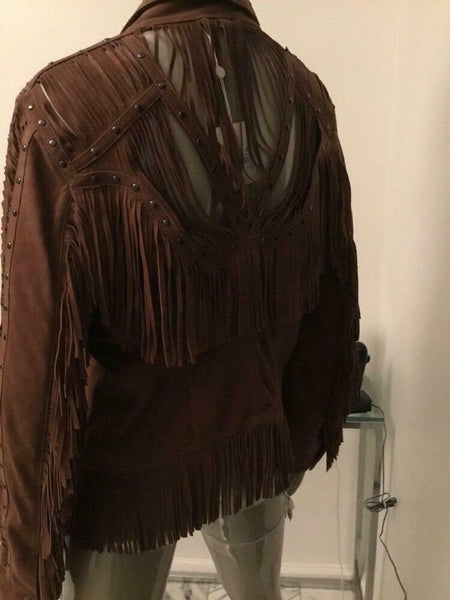 NOORA womens's suede leather fringe criminal western jacket for Halloween RS268 - Noora International