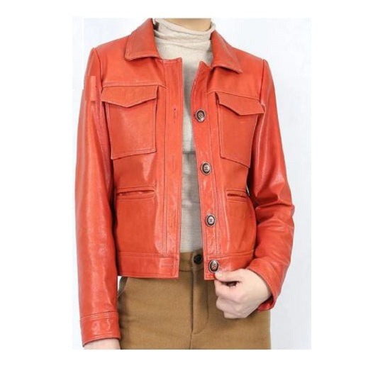 NOORA Women's Lambskin Orange Leather Jacket , Biker Motorcycle Jacket , Shirt Style Jacket for Ladies & Girls SK02