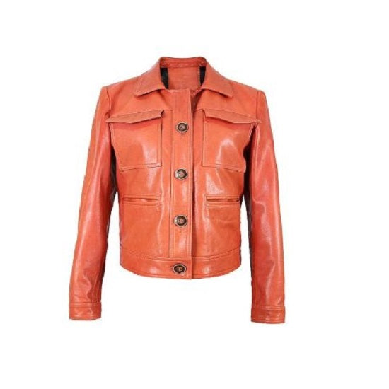 NOORA Women's Lambskin Orange Leather Jacket , Biker Motorcycle Jacket , Shirt Style Jacket for Ladies & Girls SK02