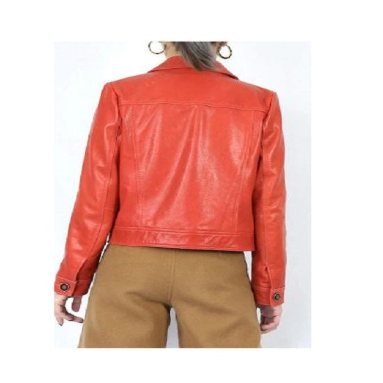 NOORA Women's Lambskin Orange Leather Jacket , Biker Motorcycle Jacket , Shirt Style Jacket for Ladies & Girls SK02