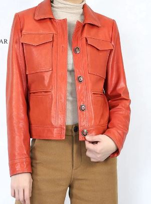 NOORA Women's Lambskin Orange Leather Jacket , Biker Motorcycle Jacket , Shirt Style Jacket for Ladies & Girls SK02