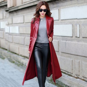 NOORA Midi Coat | Midi Coat Women, Leather Coat Women, Leather Trench Coat, Coat With Pockets, RED Leather Coat SJ535