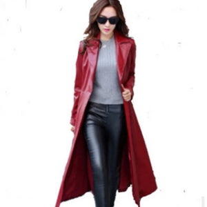 NOORA Midi Coat | Midi Coat Women, Leather Coat Women, Leather Trench Coat, Coat With Pockets, RED Leather Coat SJ535